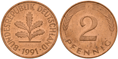 ФРГ 2 пфеннига 1991 F J.381a, KM 106a сталь плакированная медью    4598-929