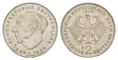 ФРГ 2 марки 1978 D, Теодор Хойс, 20 лет Федеративной Республике (1949-1969) KM A127 медно-никель 4156-124