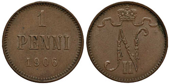 РОССИЯ ДЛЯ ФИНЛЯНДИИ 1 ПЕННИ 1906 НИКОЛАЙ II Биткин 467 медь 3309-827