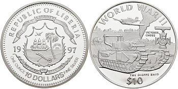 Либерия 10 долларов 1997 серия вторая мировая война, битва за Дьепп, тираж 25000 экз. KM 301 серебро PROOF 00-00