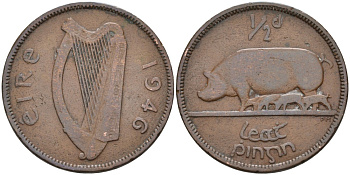 Ирландия 1/2 пенни 1946 свинья с поросятами, редкий год KM 10 бронза 4561-1136