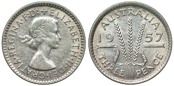 Австралия 3 пенса 1957 m, Елизавета II (1952-2022) KM 57 серебро 71-522