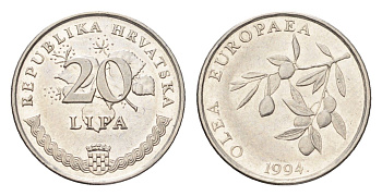 Хорватия 20 лип 1994 редкий год, четный год KM 17 сталь плакированная никелем aUNC 4659-718