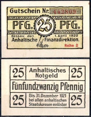 Анхальт 25 пфеннигов 1920 Mehl Grabowski A17.4b бумага UNC (пресс) 7556-44-4-1