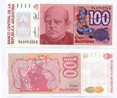 Аргентина 100 аустралей 1990 СЕРИЯ D66992, Фаустино Сармьенто, Аргентинский военный деятель, масон Pick 327с бумага UNC (ПРЕСС) 6262-38-3-2