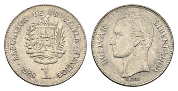 Венесуэла 1 боливар 1989 Симон Боливар, тонкий шрифт Y 52a.1 сталь плакированная никелем 4662-837