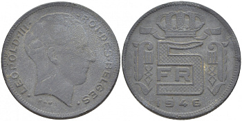 БЕЛЬГИЯ 5 ФРАНКОВ 1946 BELGES, ГЕРМАНСКАЯ ОККУПАЦИЯ, ВТОРАЯ МИРОВАЯ ВОЙНА KM 129.1 цинк 4448-1011