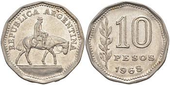 Аргентина 10 песо 1968 Гаучо KM 60 никелированная сталь 219-1236