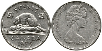 Канада 5 центов 1975 Елизавета II (1952-2022), бобр KM 60.1 никель 4543-644