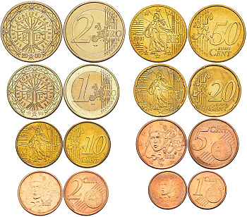 Франция евронабор из 8 монет 1999-2001 монеты в капсулах 1-4-3-37