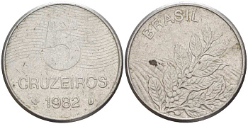БРАЗИЛИЯ 5 КРУЗЕЙРО 1982 РЕФОРМА 1967-1985, КОФЕ KM 591 нержавеющая сталь 4385-527
