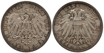 Любек 3 марки 1909 А, Weege 82, J. 82, KM 215 серебро UNC 00-806-31