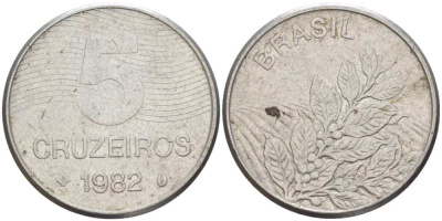 БРАЗИЛИЯ 5 КРУЗЕЙРО 1982 РЕФОРМА 1967-1985, КОФЕ KM 591 нержавеющая сталь 4385-527