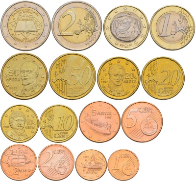 ГРЕЦИЯ ЕВРОНАБОР ИЗ 8 МОНЕТ 2007 1, 2, 5, 10, 20, 50 ЕВРОЦЕНТОВ, 1 И 2 ЕВРО UNC 68-921