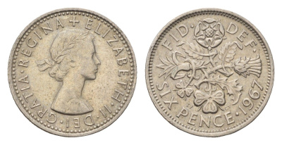 Великобритания 6 пенсов 1967 Елизавета II (1952-2022) KM 903, Spink 4149 медно-никель 4532-661