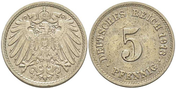 ГЕРМАНИЯ 5 ПФЕННИГОВ 1913 F KM 11, J. 12, Weege 6 медно-никель 206-1017