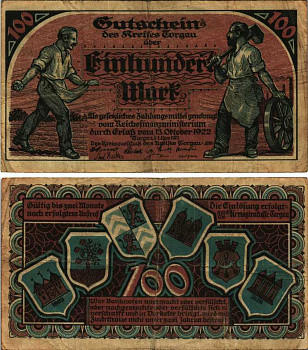ТОРГАУ 100 МАРОК 1922 НОТГЕЛЬД, 13 ОКТЯБРЯ 1922 - 1 НОЯБРЯ 1922, ЗЕМЛЯ САКСОНИЯ Muller 4740.1 бумага 6318-38-3-2