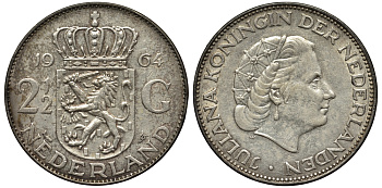 Нидерланды 2 1/2 гульдена 1964 Юлиана (1948-1980) KM 185 серебро 443-412