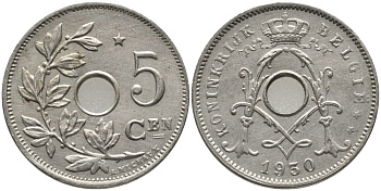 БЕЛЬГИЯ 5 САНТИМОВ 1930 BELGIE KM 94 никель латунь 76-143
