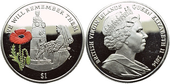 Британские Виргинские острова 1 доллар 2014 в память героев первой мировой войны, памятник, красный мак KM NEW медно-никель, эмаль  PROOF 1071-4-31