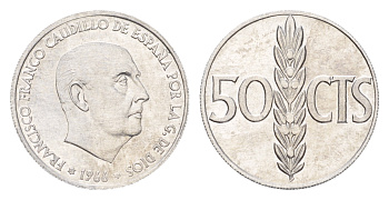 Испания 50 сентимо 1966 (1968) Франсиско Франко (1939-1975) KM 795 алюминий  UNC  M73-08