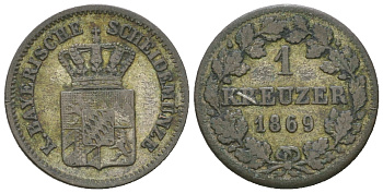 Бавария 1 крейцер 1869 Людвиг II (1864-1886) KM 873, AKS 183 серебро 54-829