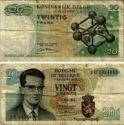 Бельгия 20 франков 1964 Бодуэн I, атомиум, d Haeze Pick 138 (1) бумага 7219-42-3-1