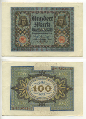 Германия 100 марок 1920 Бамбергский всадник, 8 цифр в номере, серия S, буква O Pick 69 b, Розенберг 67b бумага 7552-44-3