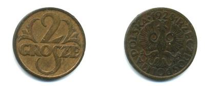 ПОЛЬША 2 ГРОША 1928 w KM 9а бронза 46-447