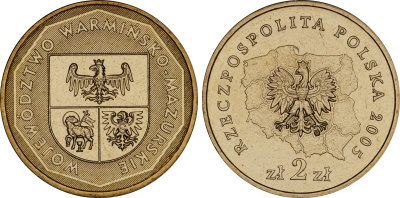 Польша 2 злотых 2005 MW, серия польские воеводства, Варминско-Мазурское воеводство KM 614 нордик UNC 4676-324