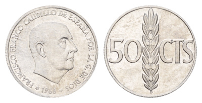 Испания 50 сентимо 1966 (1968) Франсиско Франко (1939-1975) KM 795 алюминий  UNC  M73-08