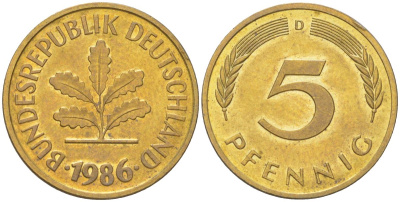 ФРГ 5 пфеннигов 1986 D KM 107 сталь плакированная латунью UNC 4613-1229