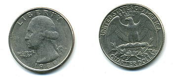 США 25 ЦЕНТОВ = КВОТЕР 1989 P, ВАШИНГТОН KM А164а медь плакированная медно-никелем 59-2045