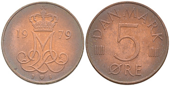 ДАНИЯ 5 ЭРЕ 1979 B; B, МАРГРЕТЕ II (1972-) KM 859.2 железо плакированное медью UNC 187-626