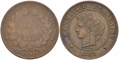 ФРАНЦИЯ 5 САНТИМОВ 1885 А, ТРЕТЬЯ РЕСПУБЛИКА (1871-1940) KM 821.1, LE FRANC 118.28 бронза 108-635