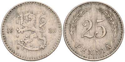 ФИНЛЯНДИЯ 25 ПЕННИ 1928 S KM 25 медно-никель 192-1154