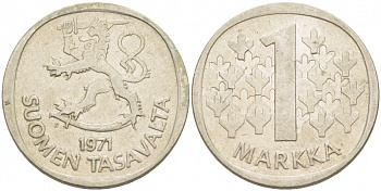 ФИНЛЯНДИЯ 1 МАРКА 1971 S КМ 49a медно-никель 213-1232