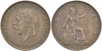Великобритания 1 пенни 1936 Георг V (1910-1936) KM 838, Spink 4055 бронза 215-324