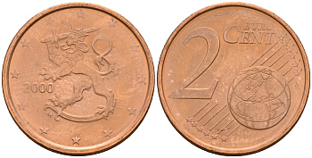 Финляндия 2 евроцента 2000  KM 99 сталь плакированная медью  UNC  4564-363