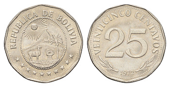 Боливия 25 сентаво 1972 KM 193 сталь плакированная никелем UNC 4659-1262