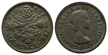 Великобритания 6 пенсов 1957 Елизавета II (1952-2022) KM 903, Spink 4149 медно-никель 4381-661
