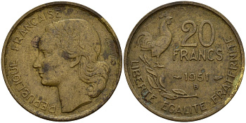 Франция 20 франков 1951 B, Петух KM 917.1 алюминиевая бронза 4159-933