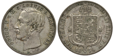 Брауншвейг-Каленберг-Ганновер 1 талер 1854 B, Георг V (1851-1866) КМ 220, Welter 3187, Thun 170, AKS 158, Jaeger 86, Kahnt 237, Davenport 678 серебро 1520-925