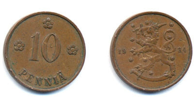 Финляндия 10 пенни 1934 республика (1918-1962) KM 24 медь 51-5341
