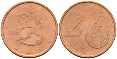 Финляндия 2 евроцента 2000  KM 99 сталь плакированная медью  UNC  4564-363