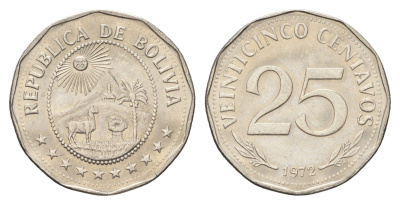 Боливия 25 сентаво 1972 KM 193 сталь плакированная никелем UNC 4659-1262