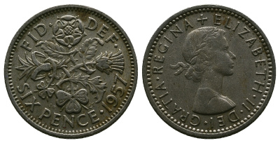 Великобритания 6 пенсов 1957 Елизавета II (1952-2022) KM 903, Spink 4149 медно-никель 4381-661