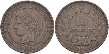ФРАНЦИЯ 10 САНТИМОВ 1897 A, ТРЕТЬЯ РЕСПУБЛИКА (1871-1940) KM 815.1, LA FRANC 135.44 бронза 82-1213