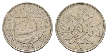 Мальта 25 центов 1986 KM 80 медно-никель 4633-631