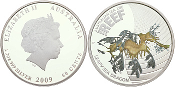 Австралия 50 центов 2009 морской дракон, эмаль, оригинальная коробка с сертификатом KM 1101 серебро PROOF 4-3-3-06
